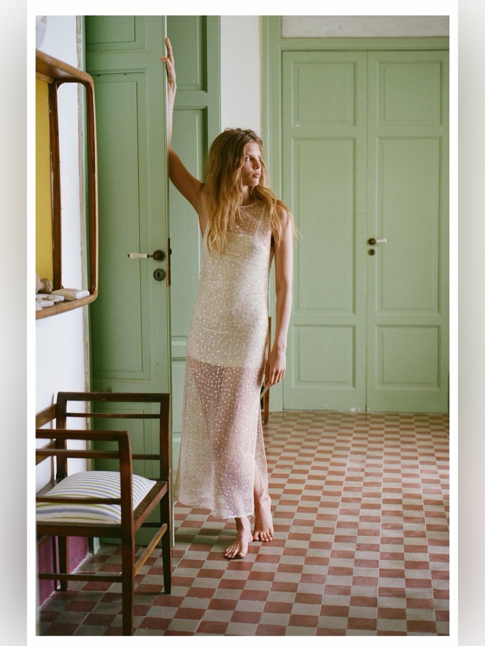 Zara Crochet Sequin Midi Dress Beige Large - Picture 2 of 16